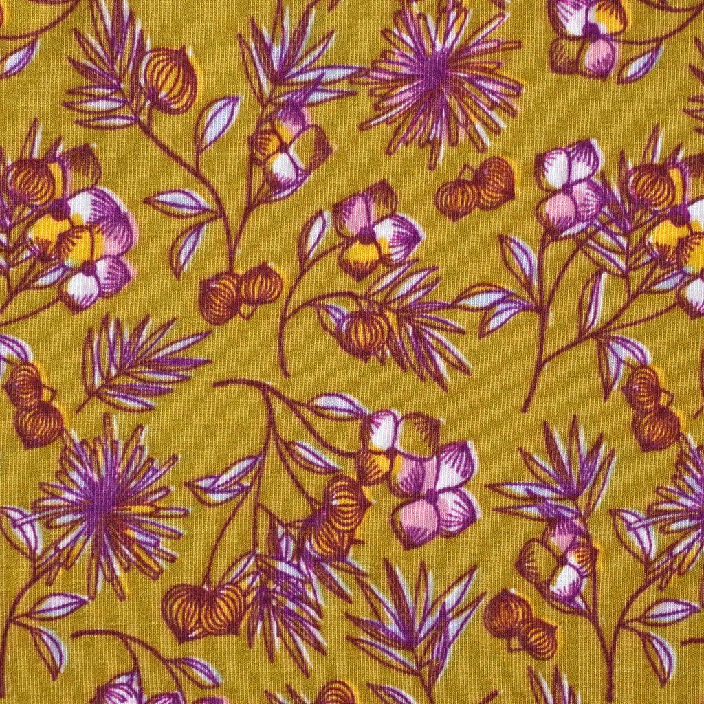 Modaljersey Blümchen violett auf senfgelb